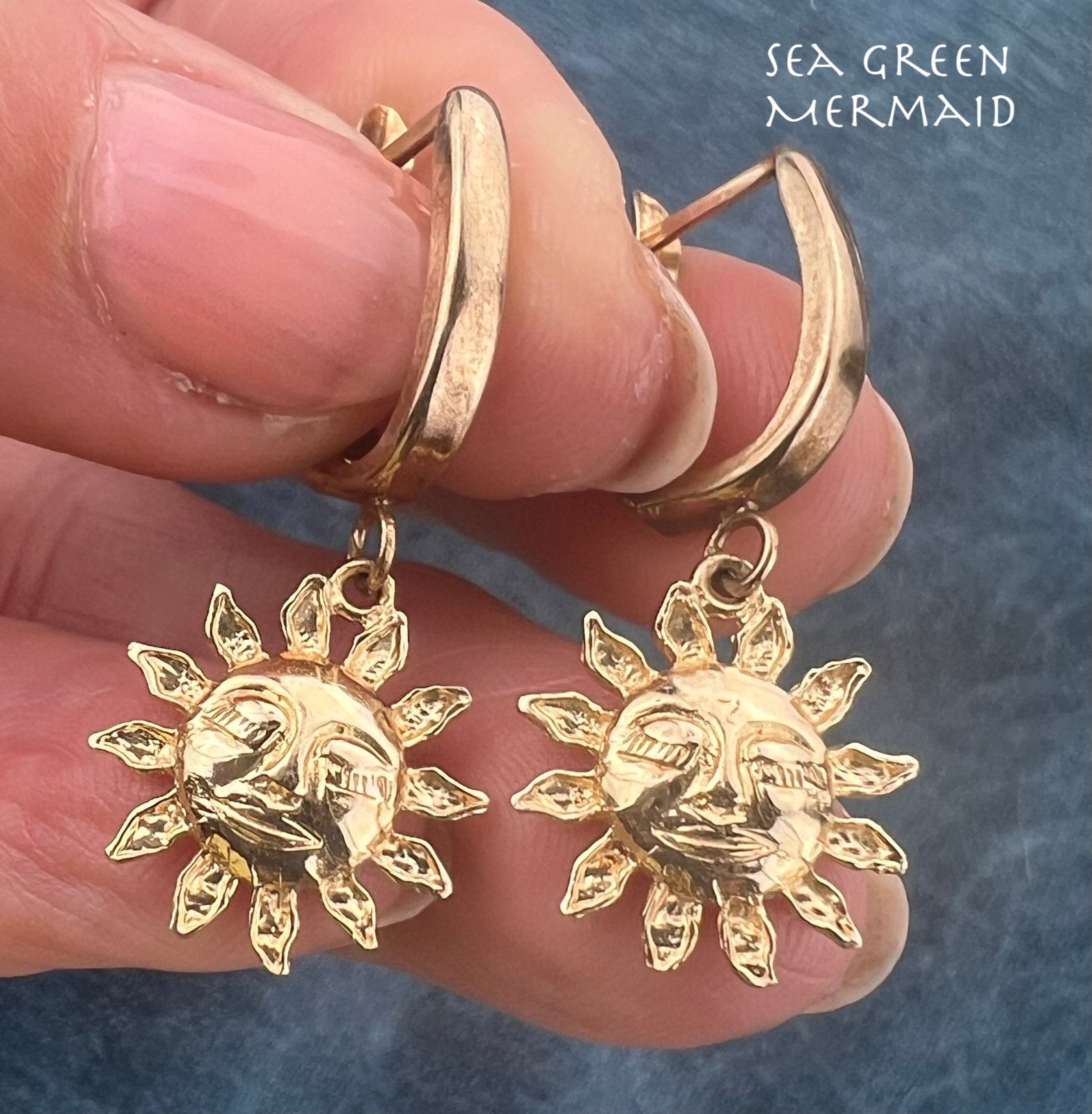 14k Yellow Gold Carved Sleepy Sun Face Dangle Hoop Earrings