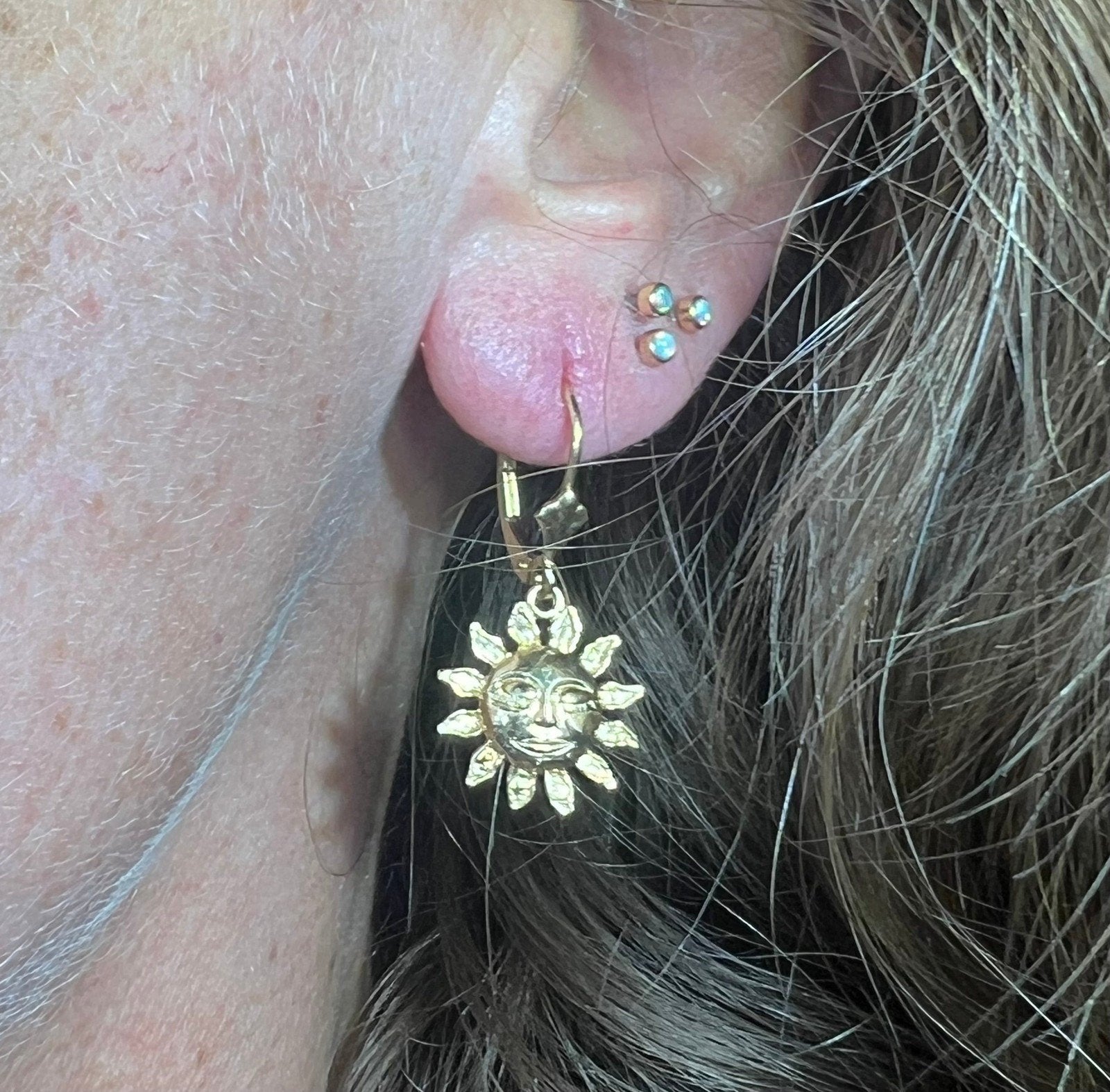 14k Yellow Gold Carved Sleepy Sun Face Dangle Hoop Earrings