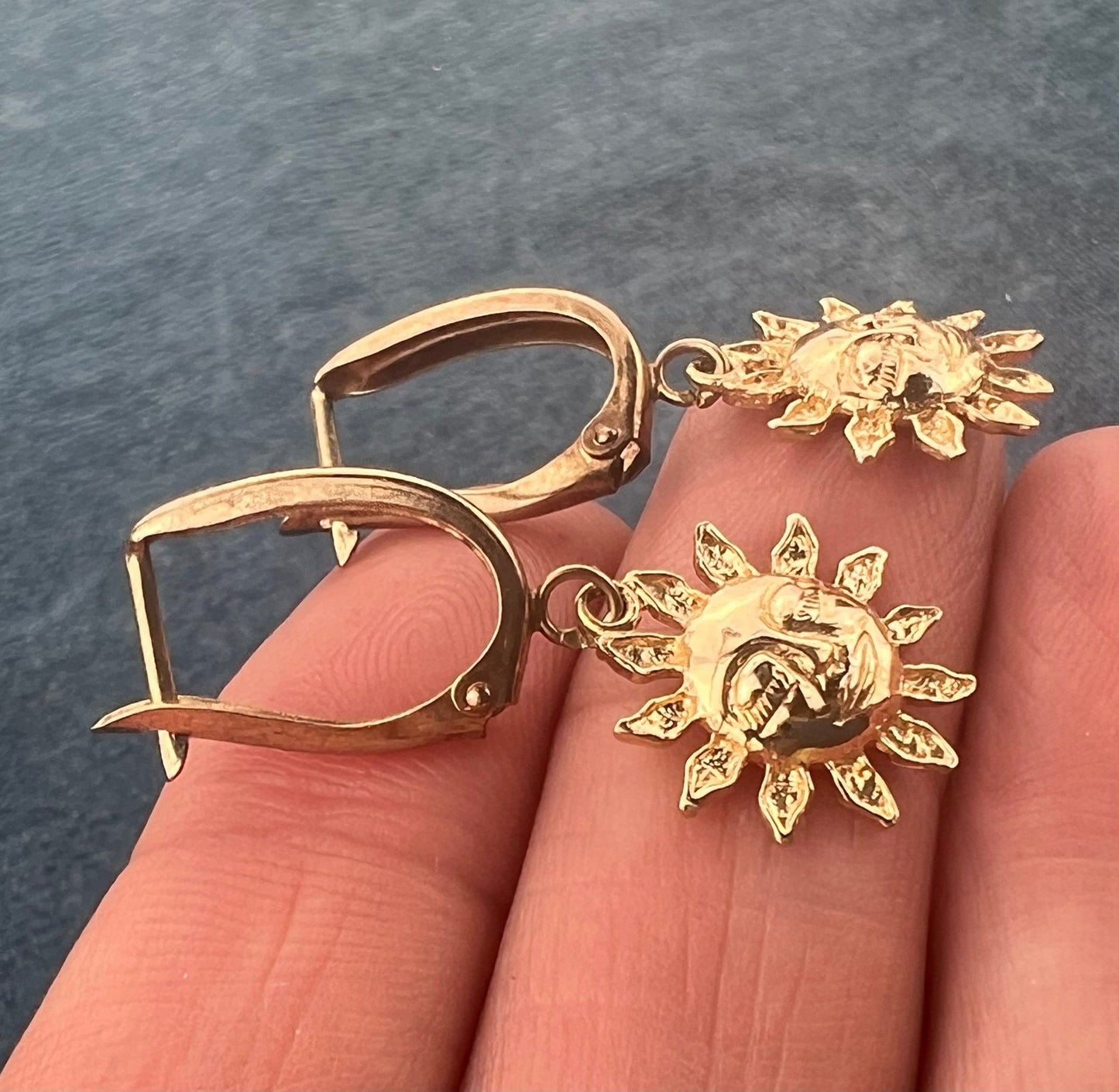 14k Yellow Gold Carved Sleepy Sun Face Dangle Hoop Earrings