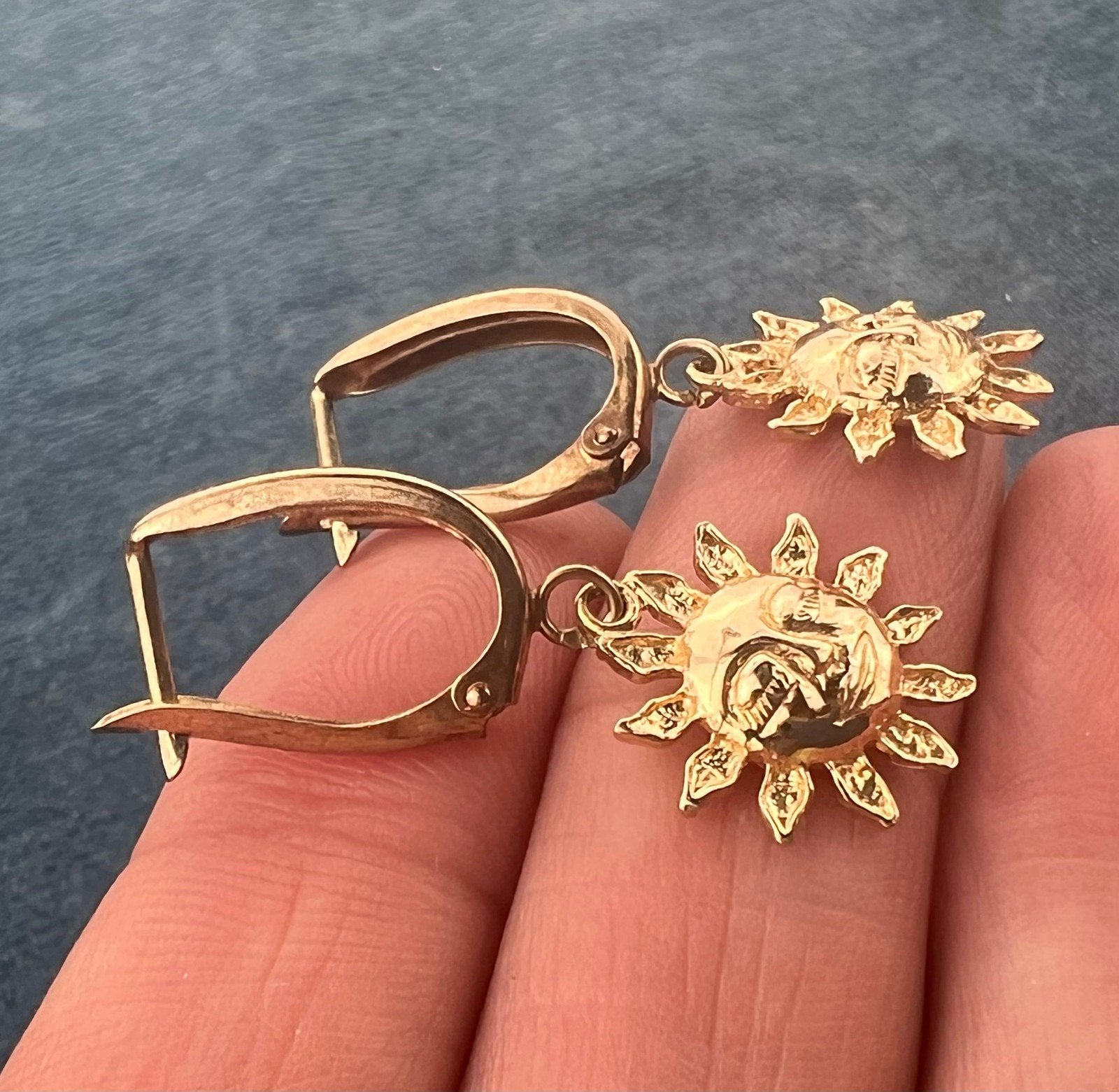 14k Yellow Gold Carved Sleepy Sun Face Dangle Hoop Earrings