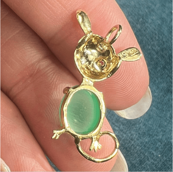 14k Yellow Gold Chrysoprase + Ruby Eye Winky Mouse Pendant. Jelly Belly!