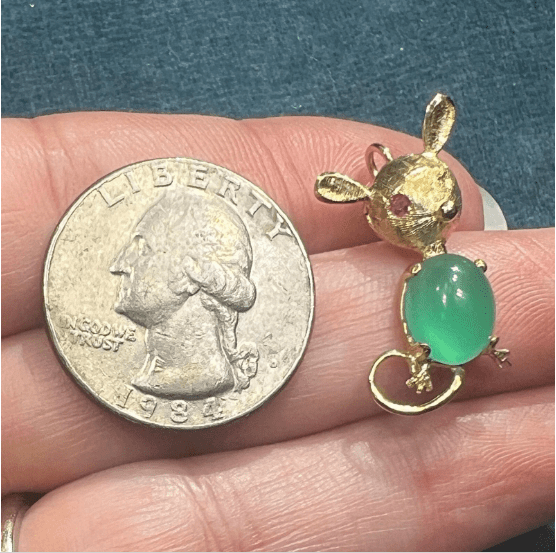 14k Yellow Gold Chrysoprase + Ruby Eye Winky Mouse Pendant. Jelly Belly!