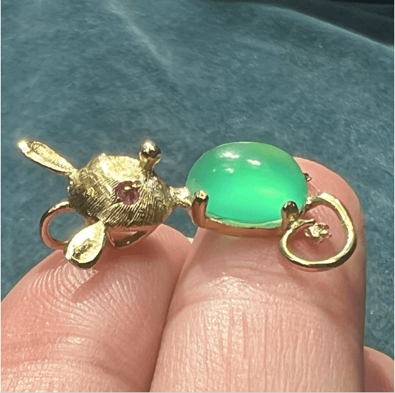 14k Yellow Gold Chrysoprase + Ruby Eye Winky Mouse Pendant. Jelly Belly!