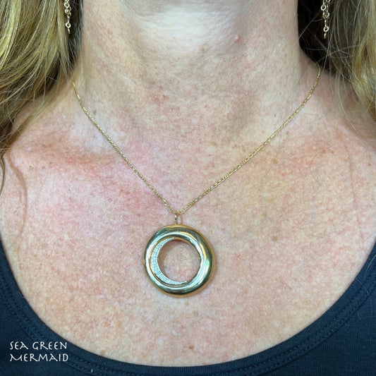 14k Yellow Gold Circle Pendant w Diamond Crescent Moon. 1.7" + 5.85g