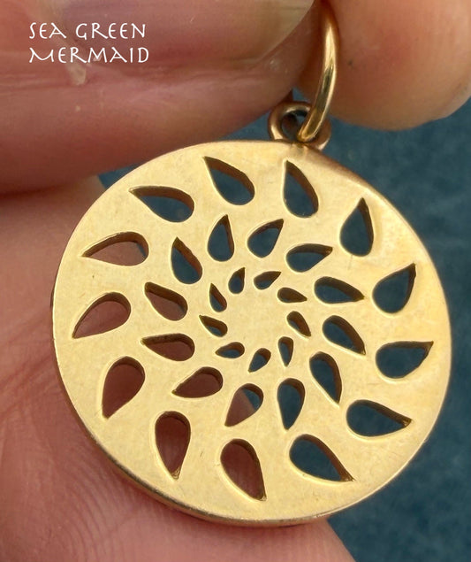 14k Yellow Gold Cut-Out Tear Drops Sun Burst Mandala Pendant. Phillips House.