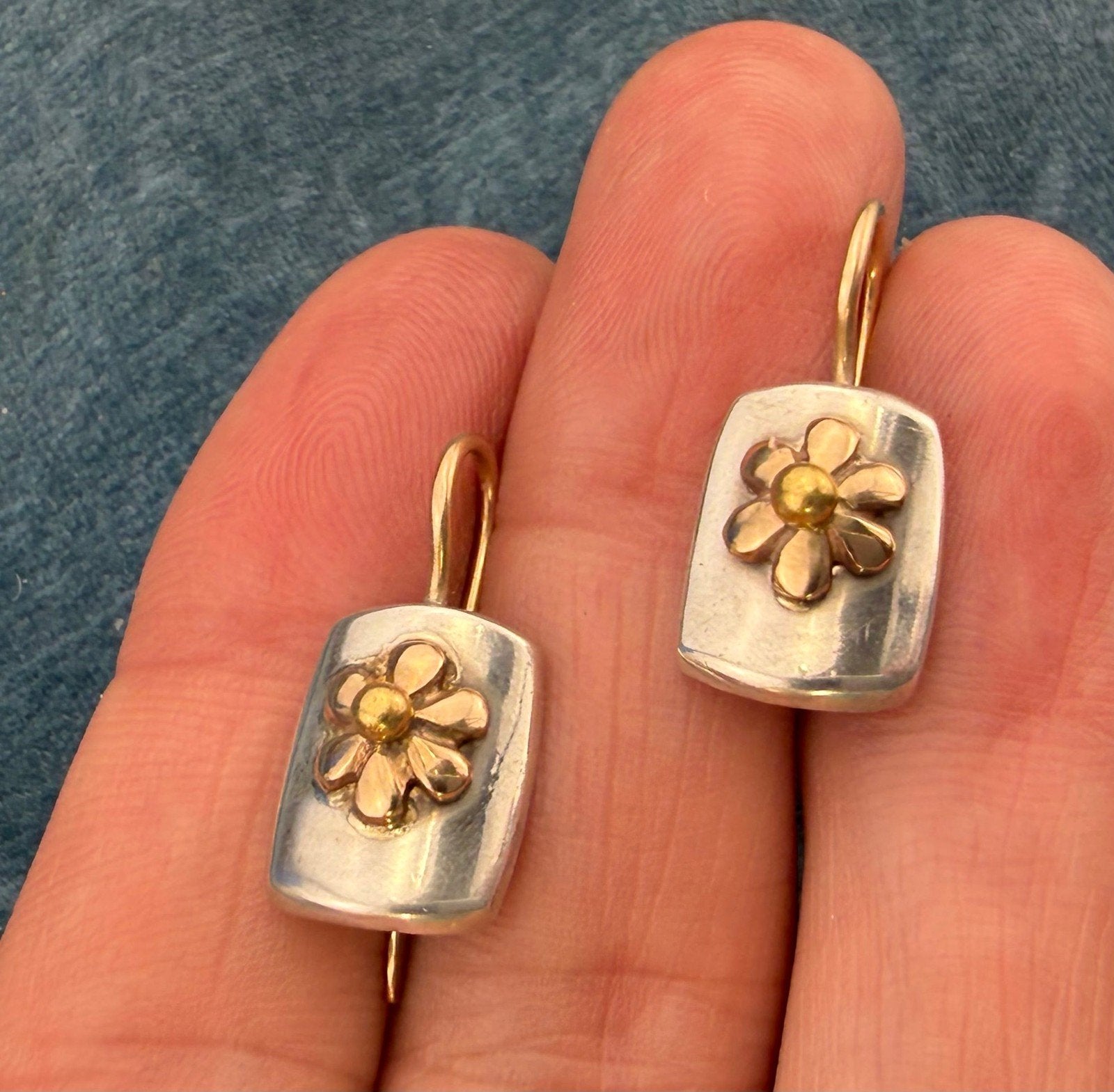 14k Yellow Gold Daisy Flowers + 14k Ear Wires on 925 Silver Earrings