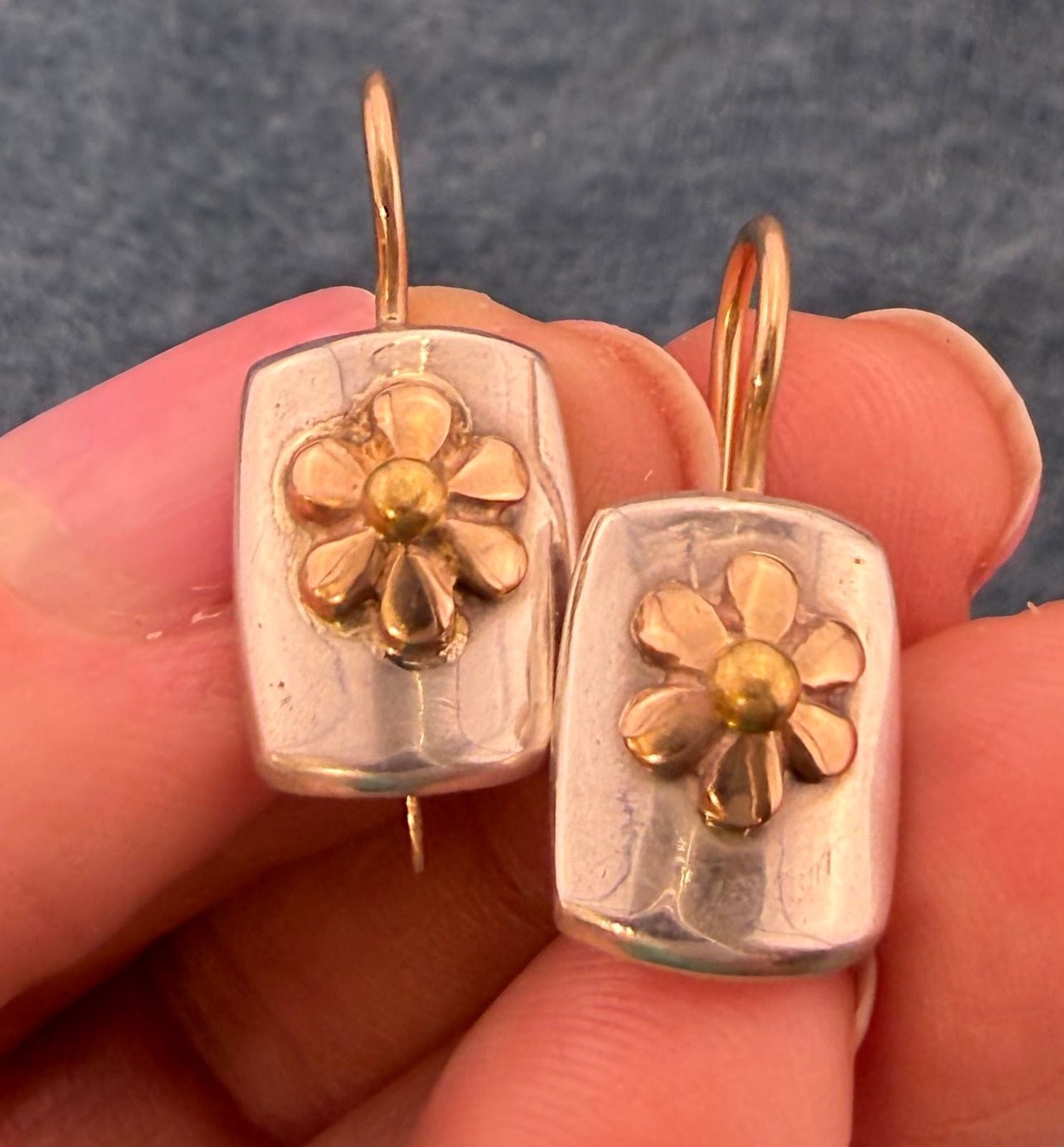 14k Yellow Gold Daisy Flowers + 14k Ear Wires on 925 Silver Earrings
