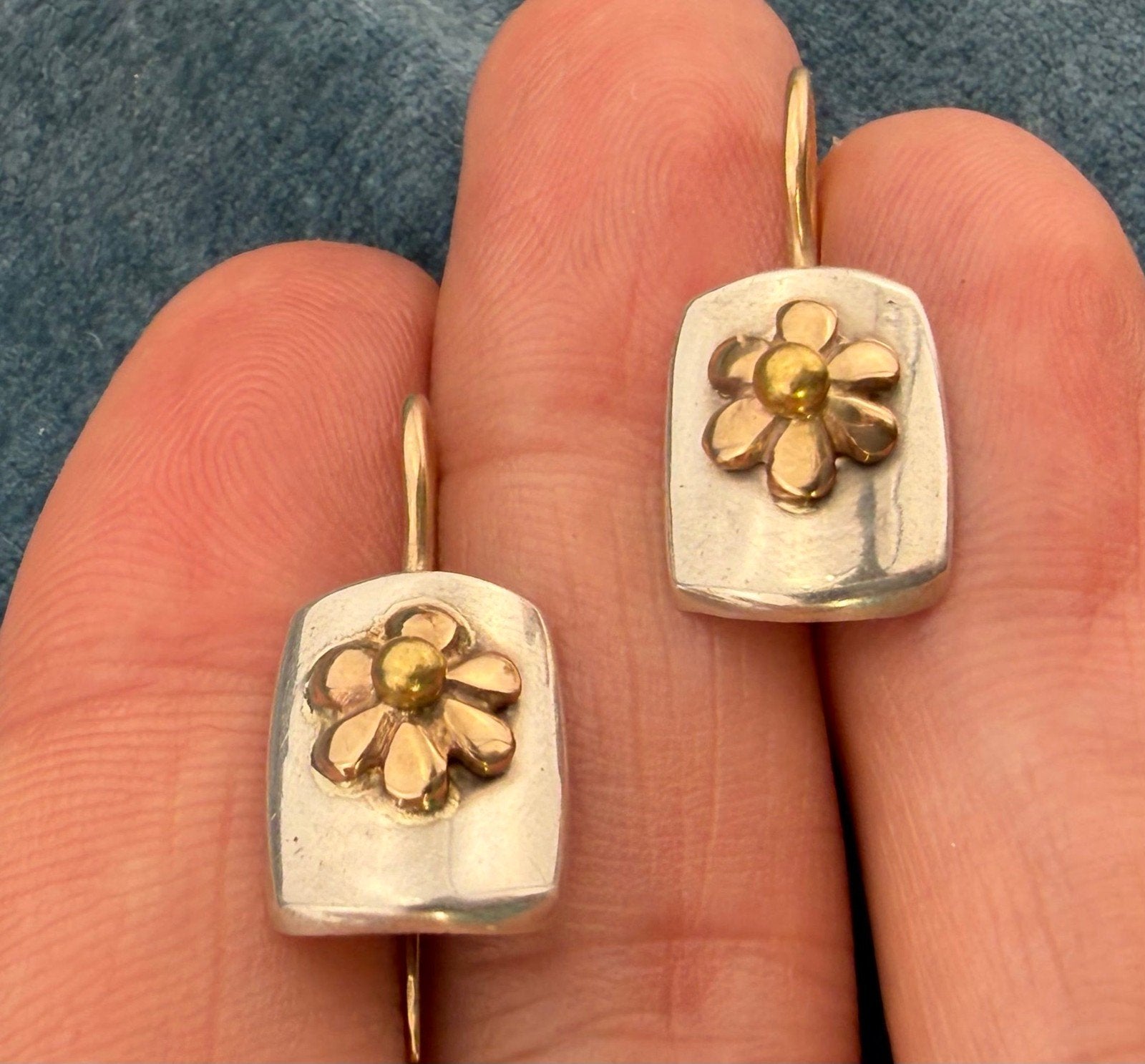 14k Yellow Gold Daisy Flowers + 14k Ear Wires on 925 Silver Earrings