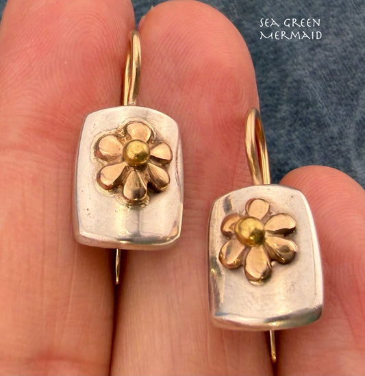 14k Yellow Gold Daisy Flowers + 14k Ear Wires on 925 Silver Earrings