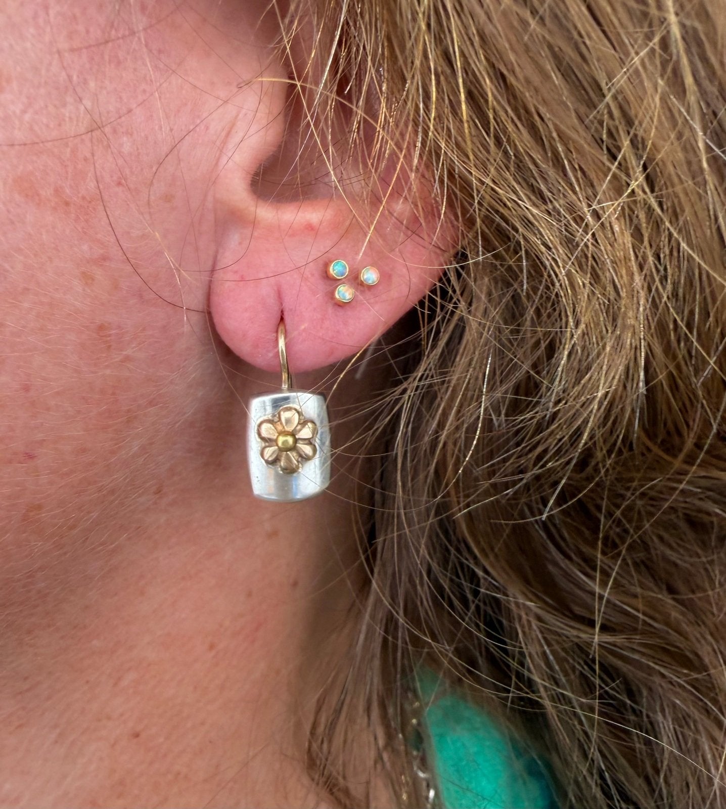 14k Yellow Gold Daisy Flowers + 14k Ear Wires on 925 Silver Earrings