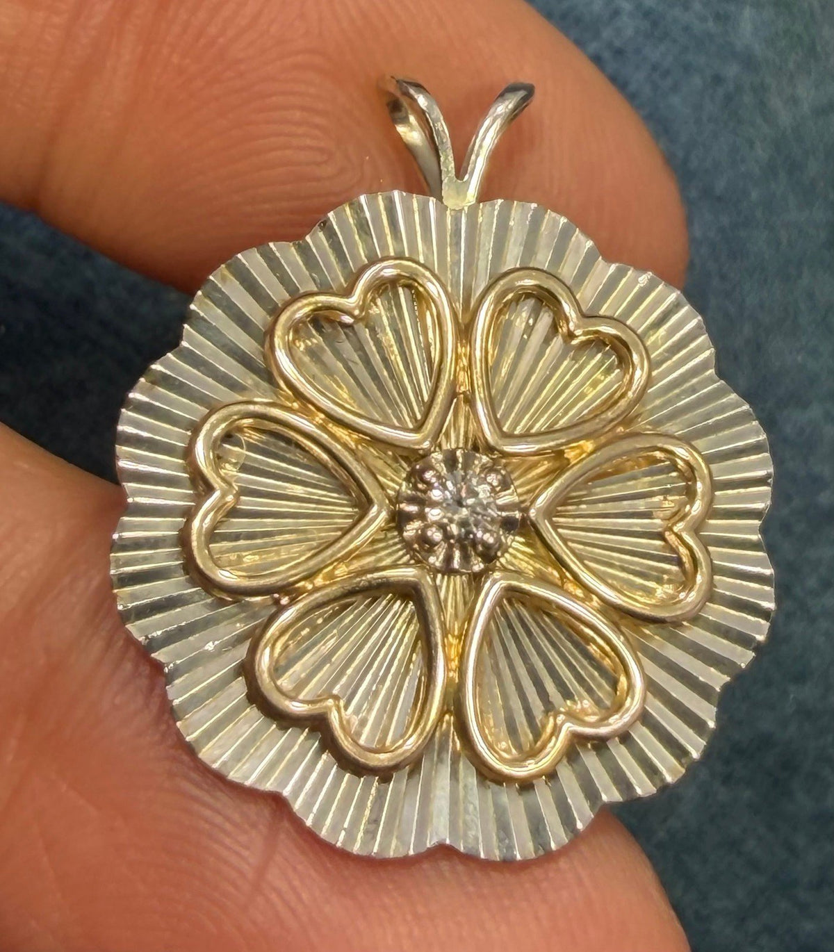14k Yellow Gold Diamond Circle of Hearts on 925 Silver Medallion Pendant