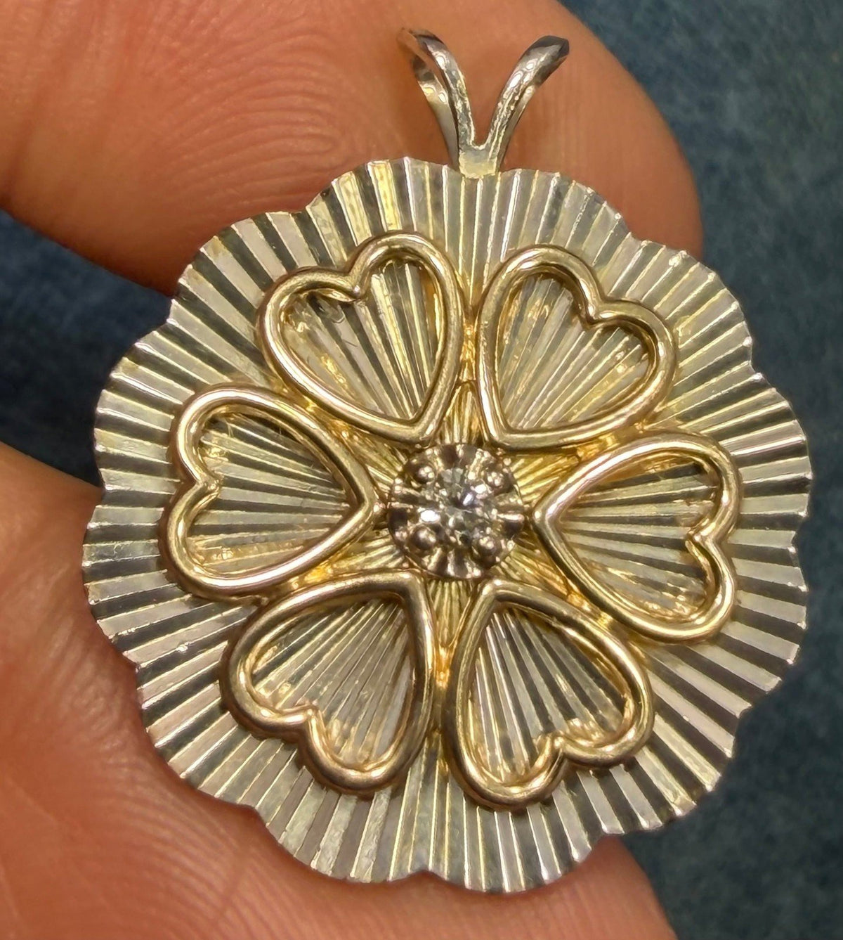 14k Yellow Gold Diamond Circle of Hearts on 925 Silver Medallion Pendant