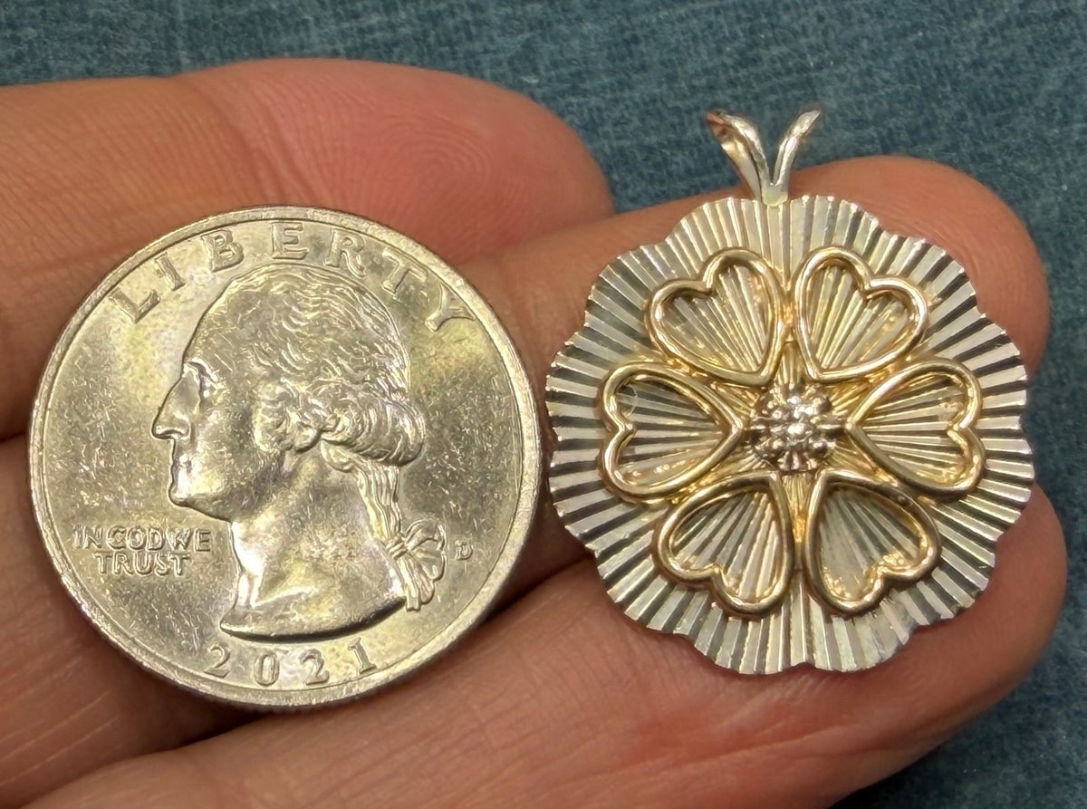 14k Yellow Gold Diamond Circle of Hearts on 925 Silver Medallion Pendant