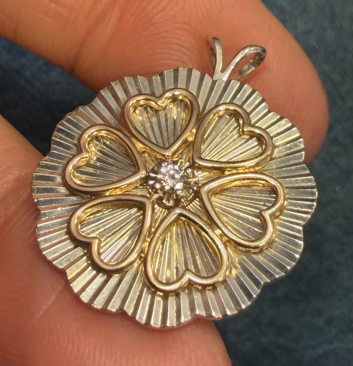 14k Yellow Gold Diamond Circle of Hearts on 925 Silver Medallion Pendant