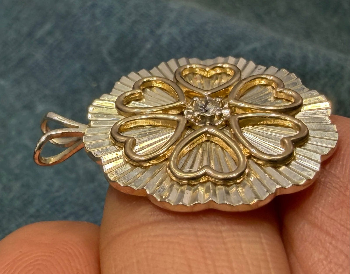 14k Yellow Gold Diamond Circle of Hearts on 925 Silver Medallion Pendant