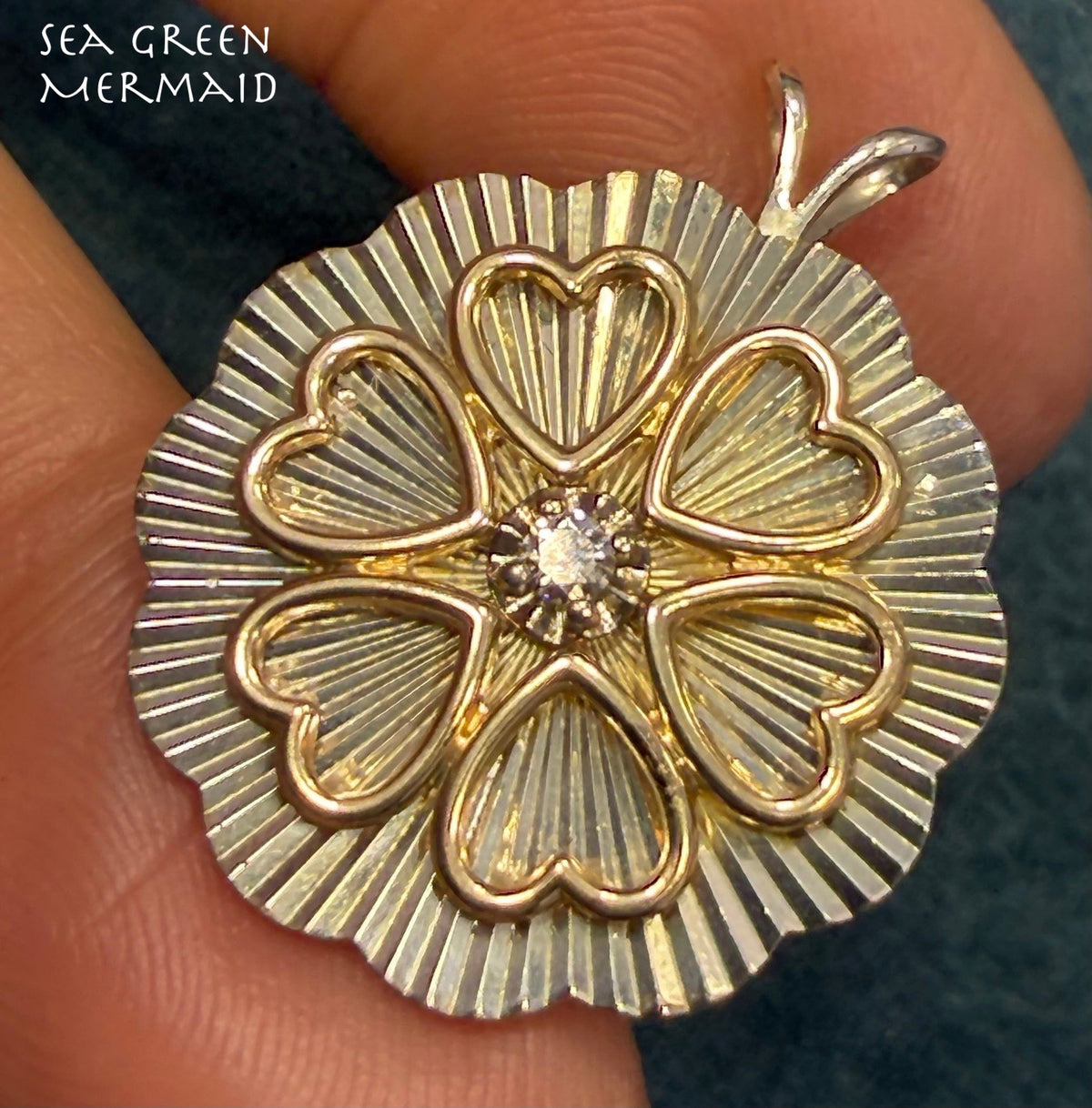 14k Yellow Gold Diamond Circle of Hearts on 925 Silver Medallion Pendant