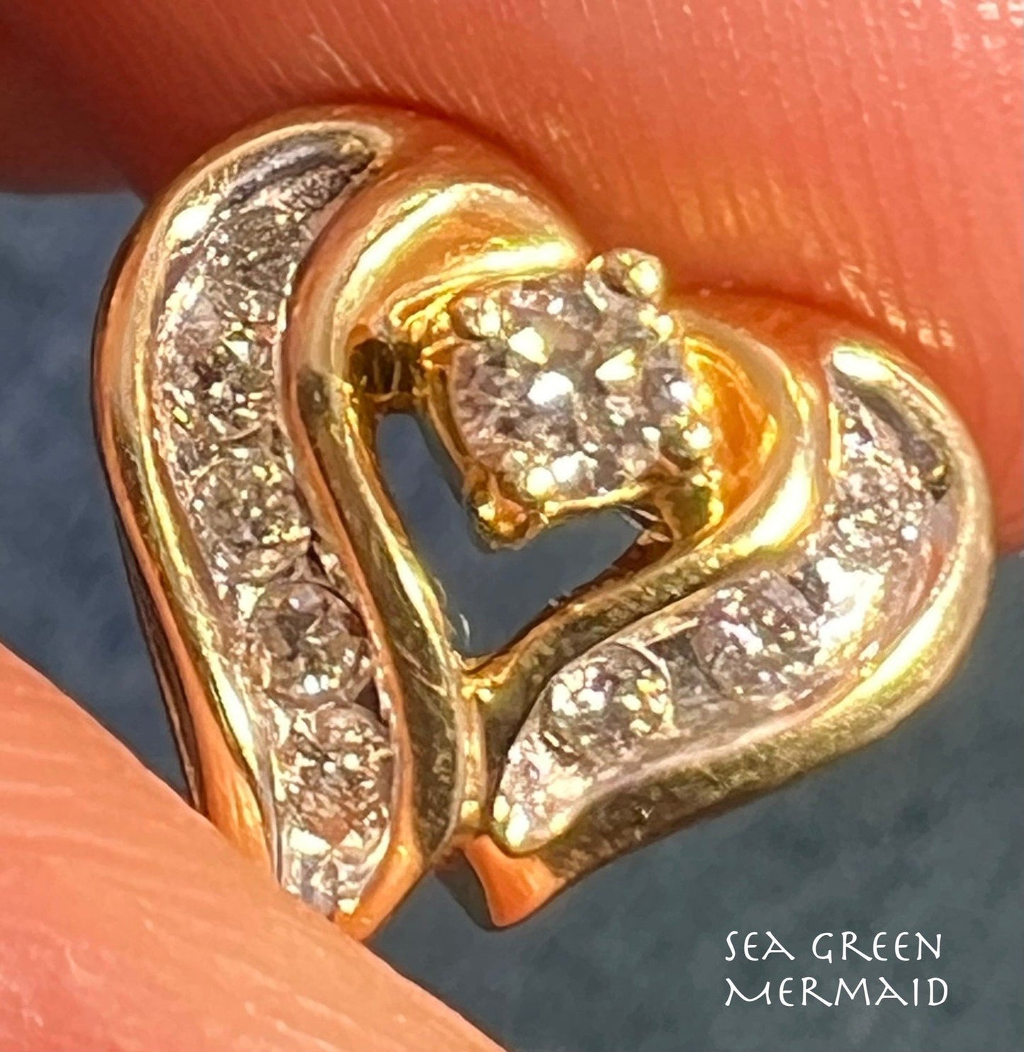 14k Yellow Gold Diamond Heart Pendant Slide 0.5" Natural Diamonds 1.88g Vintage