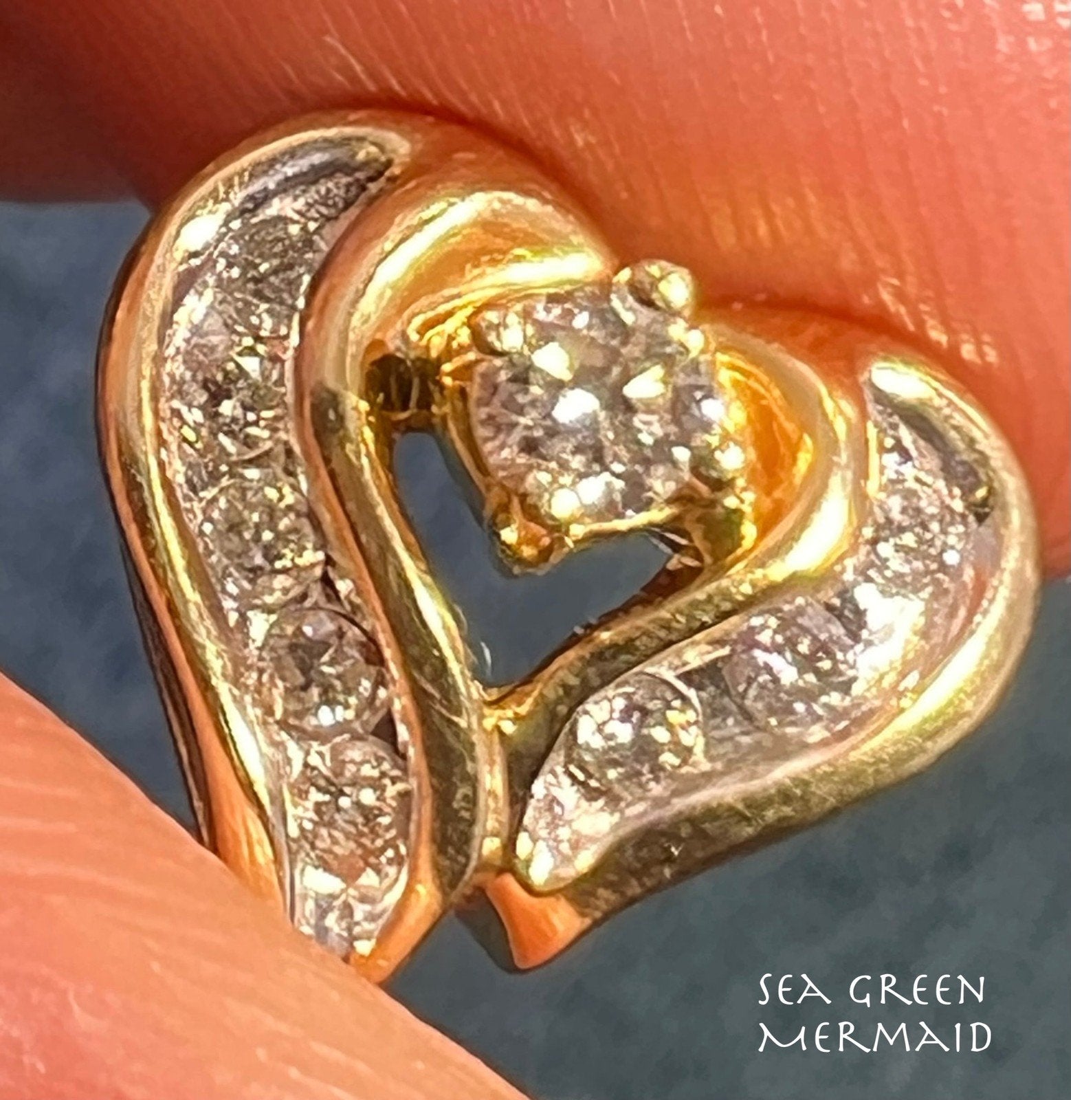 14k Yellow Gold Diamond Heart Pendant Slide 0.5" Natural Diamonds 1.88g Vintage