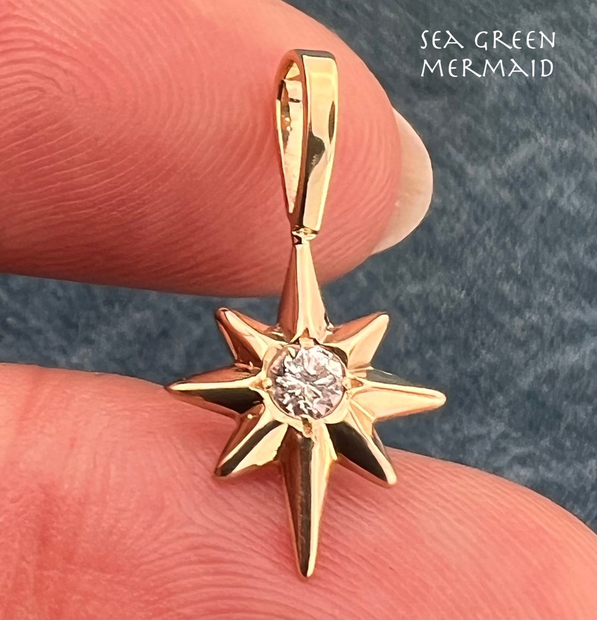14k Yellow Gold Diamond North Star Starburst Pendant. Tiny!