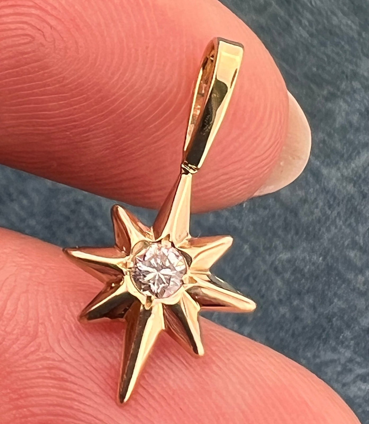 14k Yellow Gold Diamond North Star Starburst Pendant. Tiny!