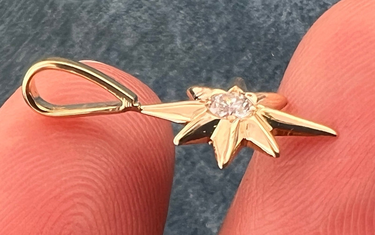14k Yellow Gold Diamond North Star Starburst Pendant. Tiny!