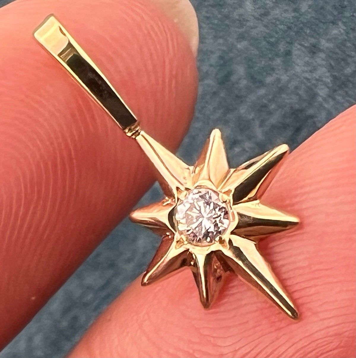 14k Yellow Gold Diamond North Star Starburst Pendant. Tiny!