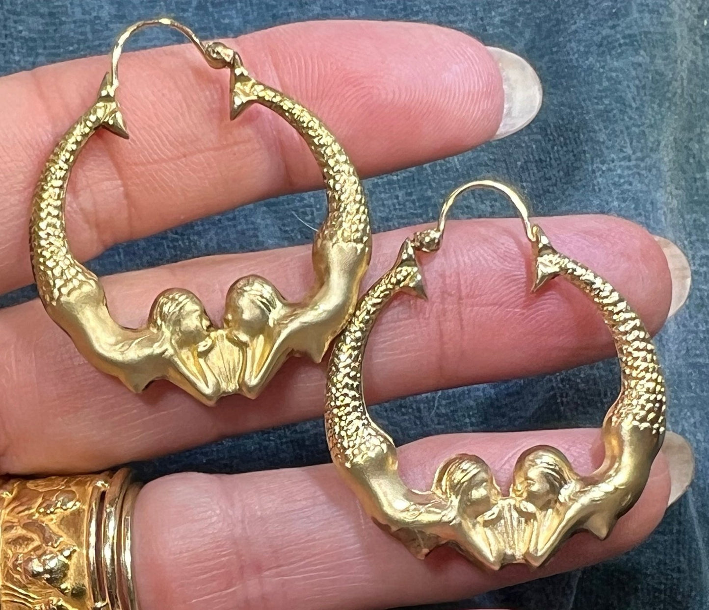 14k Yellow Gold Double MERMAID Hoop Art Deco Earrings. 1.5"
