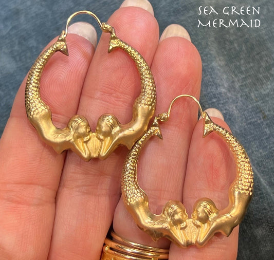 14k Yellow Gold Double MERMAID Hoop Art Deco Earrings. 1.5"