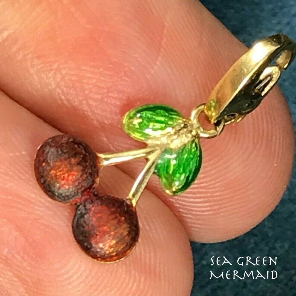 14k Yellow Gold Enamel Cherries Pendant. Lobster Clasp Bail