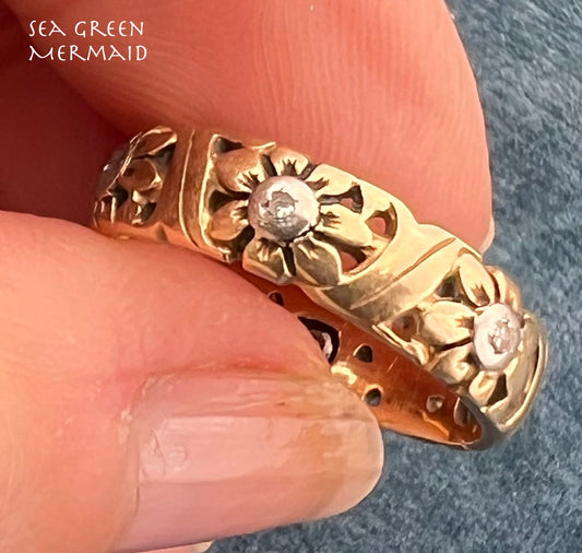 14k Yellow Gold Eternity Ring "Daisy Chain" Band w Diamonds *Video*