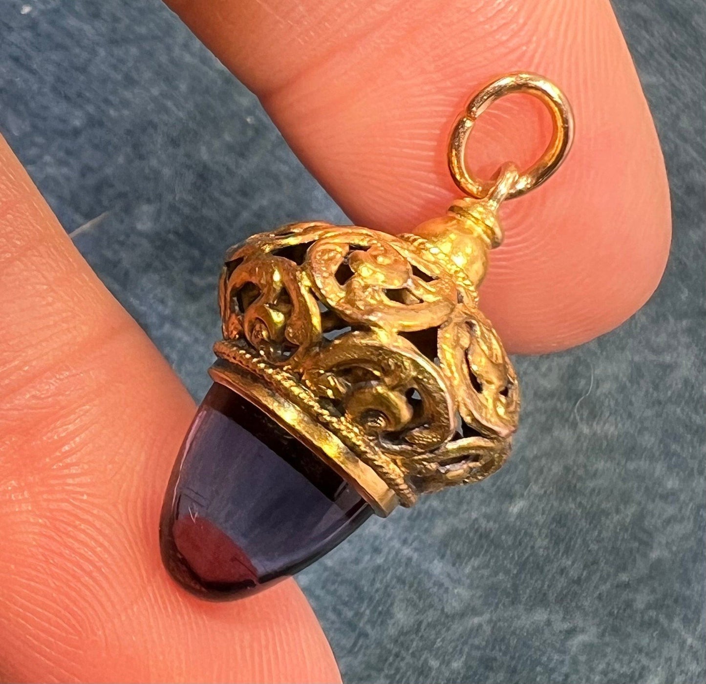14k Yellow Gold Filigree Acorn Watch Fob Pendant w Amethyst Cabochon. 1.2" 4g