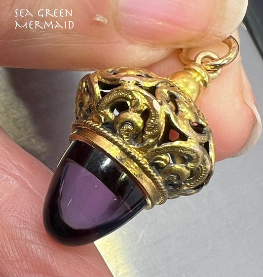 14k Yellow Gold Filigree Acorn Watch Fob Pendant w Amethyst Cabochon. 1.2" 4g