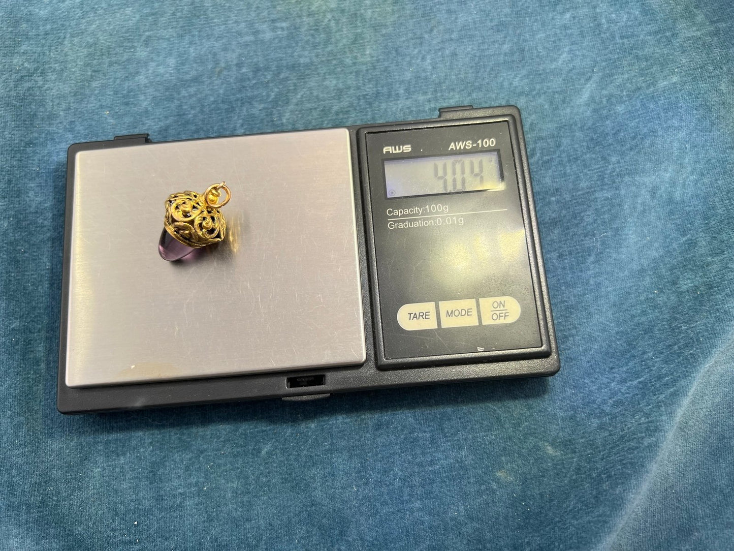 14k Yellow Gold Filigree Acorn Watch Fob Pendant w Amethyst Cabochon. 1.2" 4g