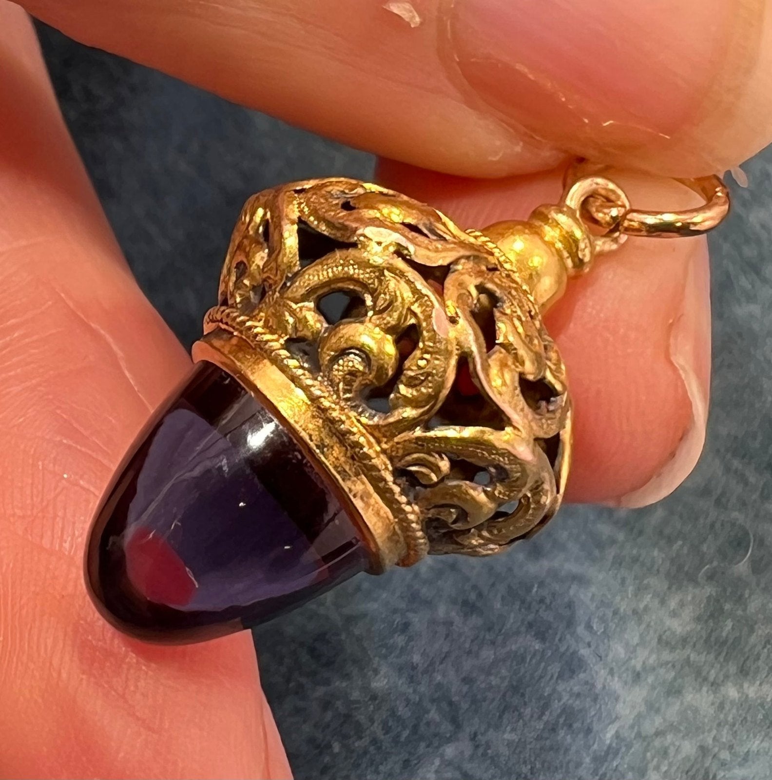14k Yellow Gold Filigree Acorn Watch Fob Pendant w Amethyst Cabochon. 1.2" 4g