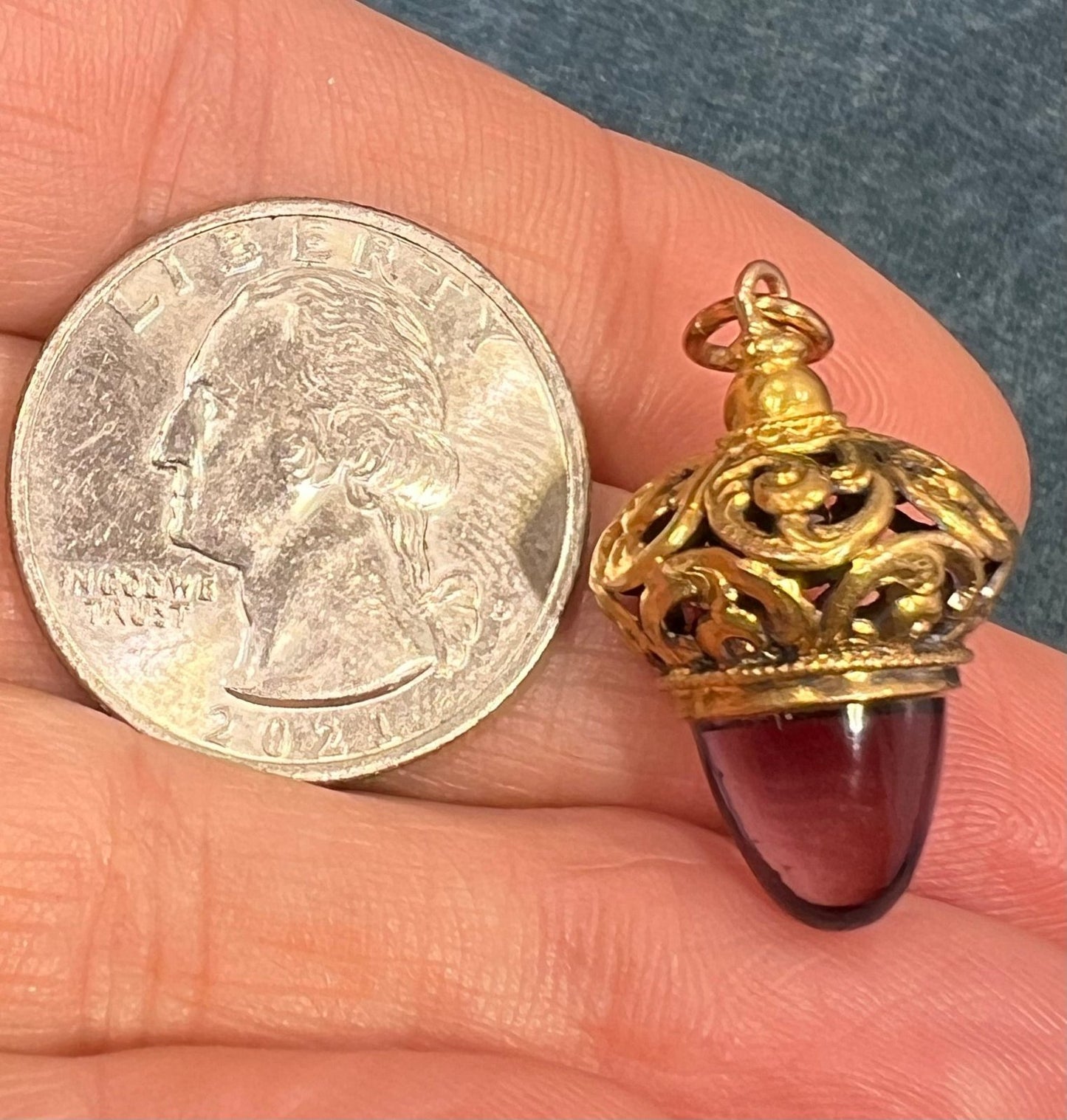 14k Yellow Gold Filigree Acorn Watch Fob Pendant w Amethyst Cabochon. 1.2" 4g