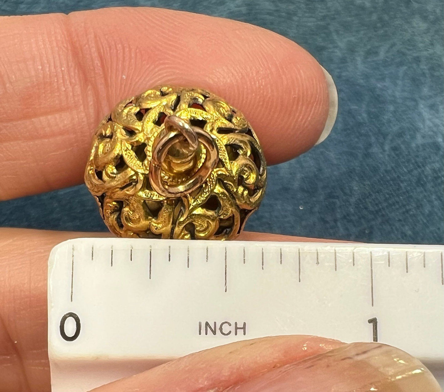 14k Yellow Gold Filigree Acorn Watch Fob Pendant w Amethyst Cabochon. 1.2" 4g