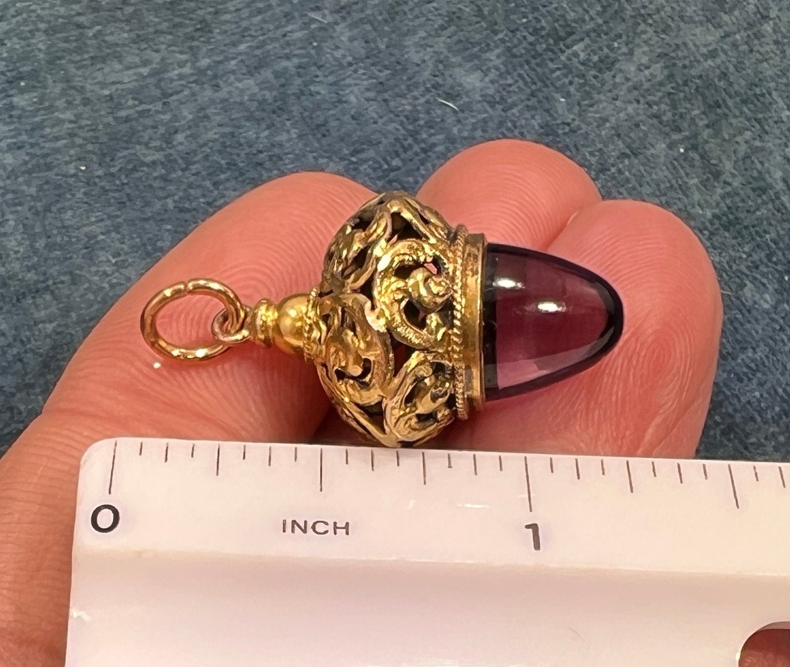 14k Yellow Gold Filigree Acorn Watch Fob Pendant w Amethyst Cabochon. 1.2" 4g