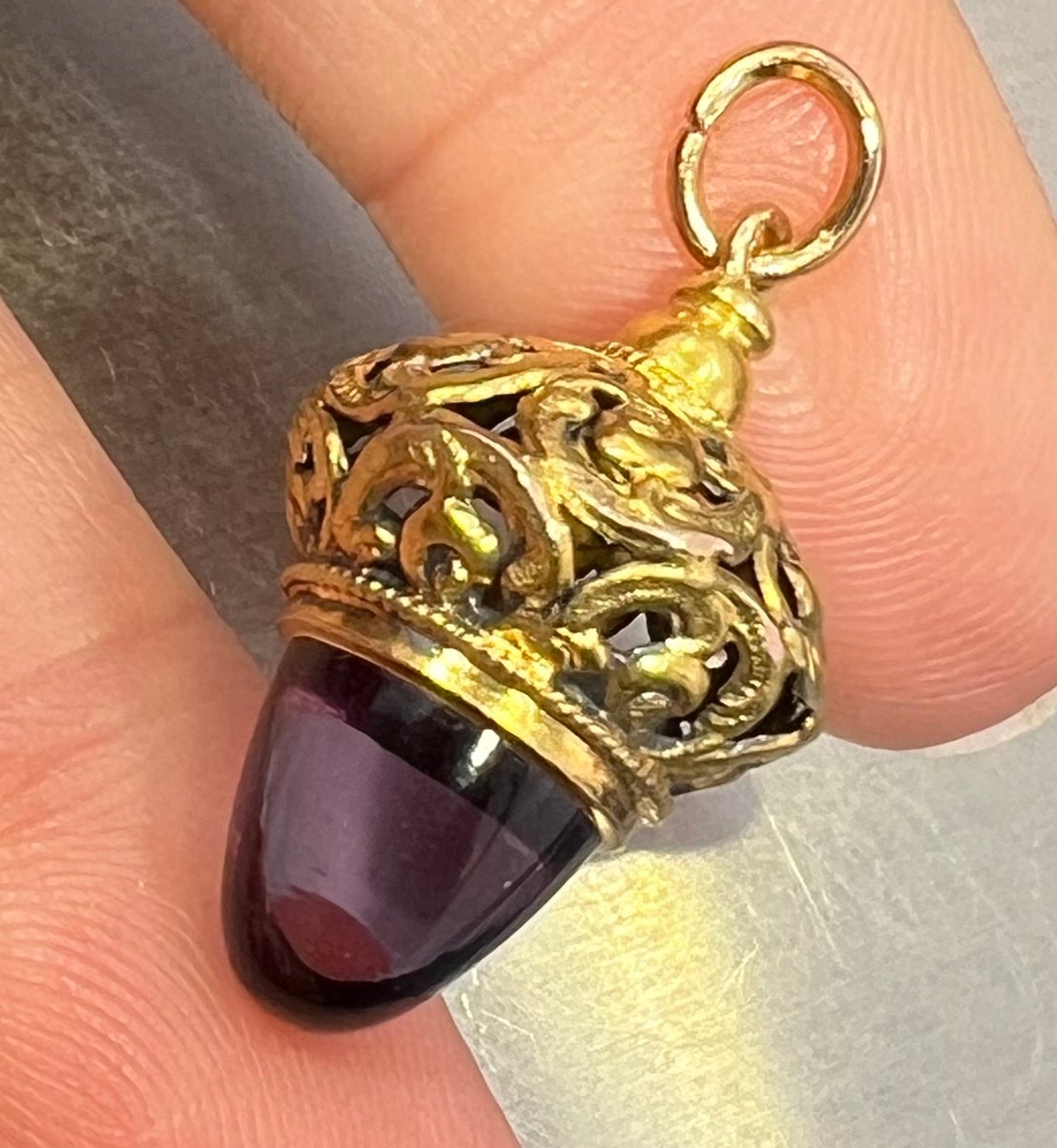 14k Yellow Gold Filigree Acorn Watch Fob Pendant w Amethyst Cabochon. 1.2" 4g