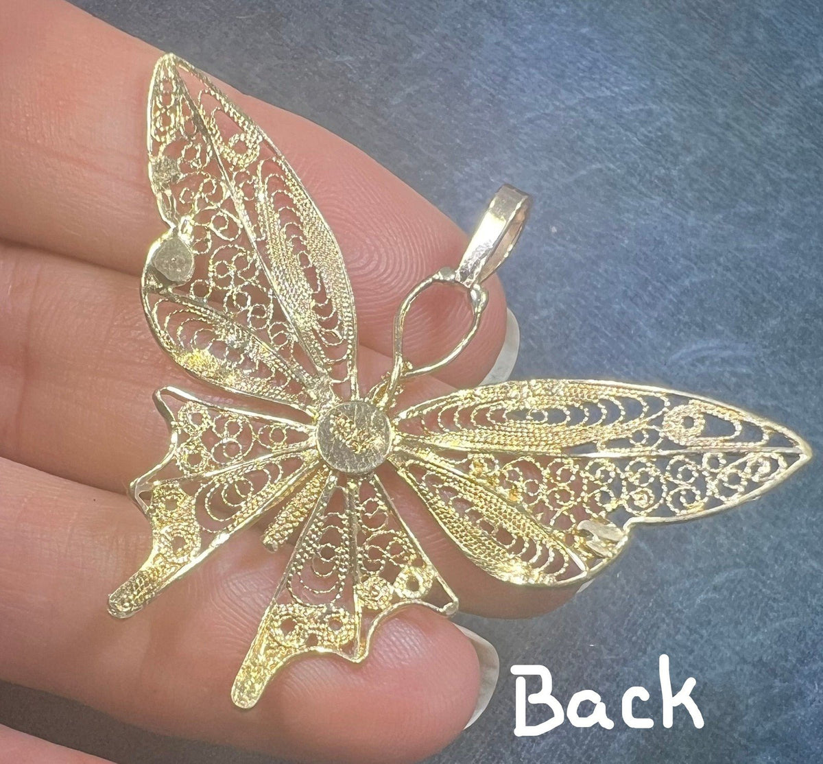14k Yellow Gold Filigree Cantinelle Butterfly Pendant. 2" + 5g