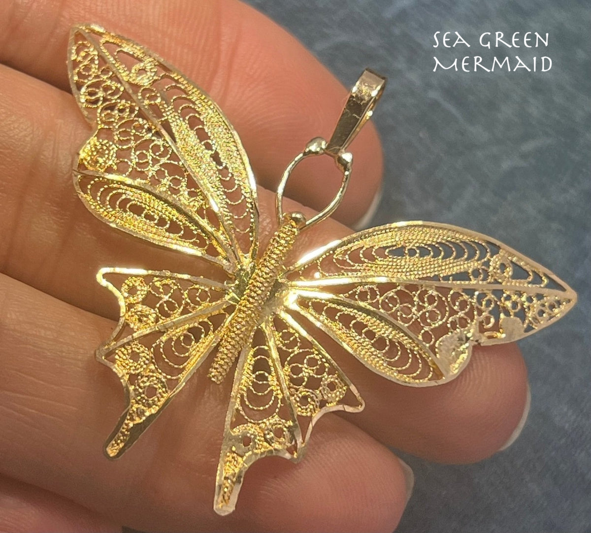 14k Yellow Gold Filigree Cantinelle Butterfly Pendant. 2" + 5g