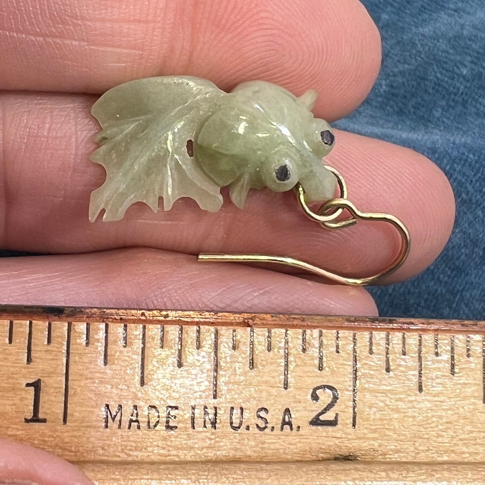 14k Yellow Gold Green Jade Carved KOI Fish Earrings