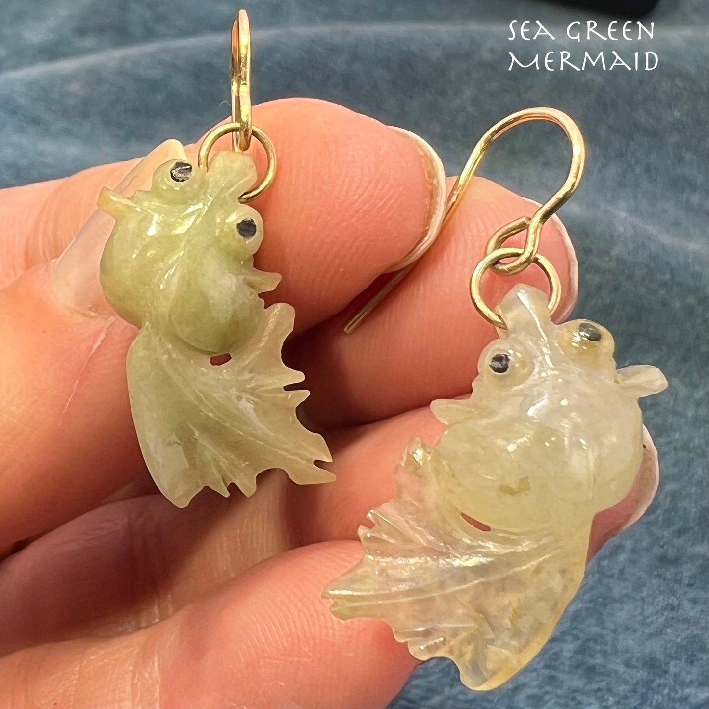 14k Yellow Gold Green Jade Carved KOI Fish Earrings
