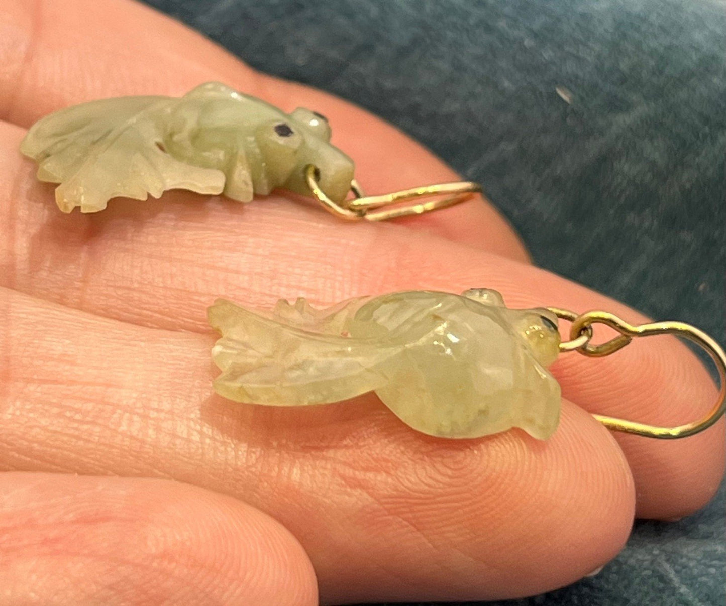14k Yellow Gold Green Jade Carved KOI Fish Earrings