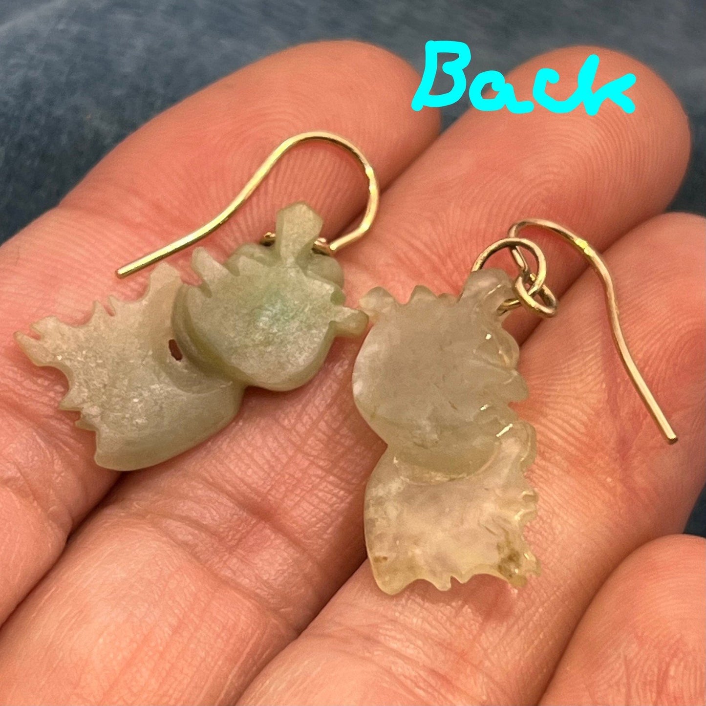 14k Yellow Gold Green Jade Carved KOI Fish Earrings