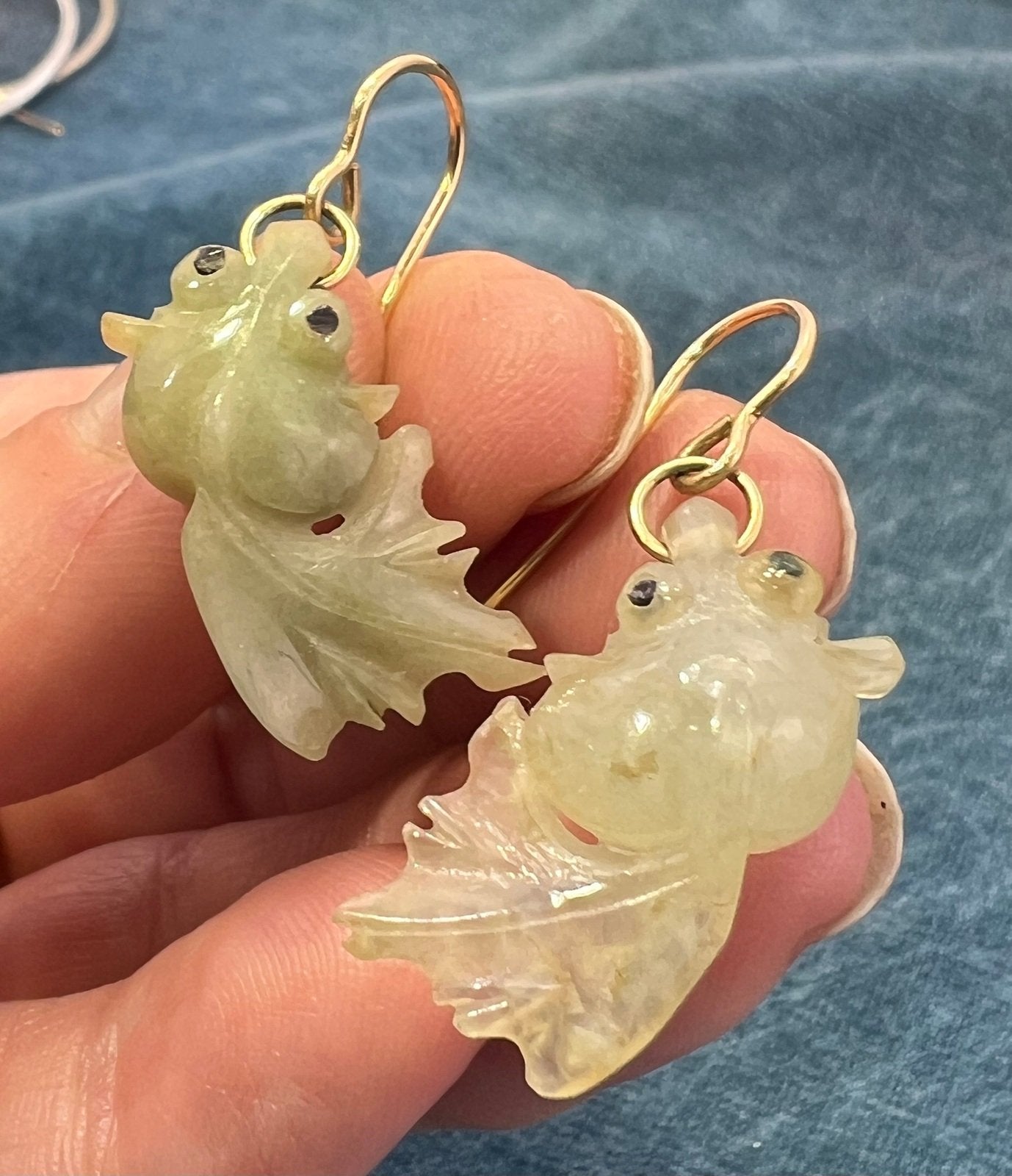 14k Yellow Gold Green Jade Carved KOI Fish Earrings