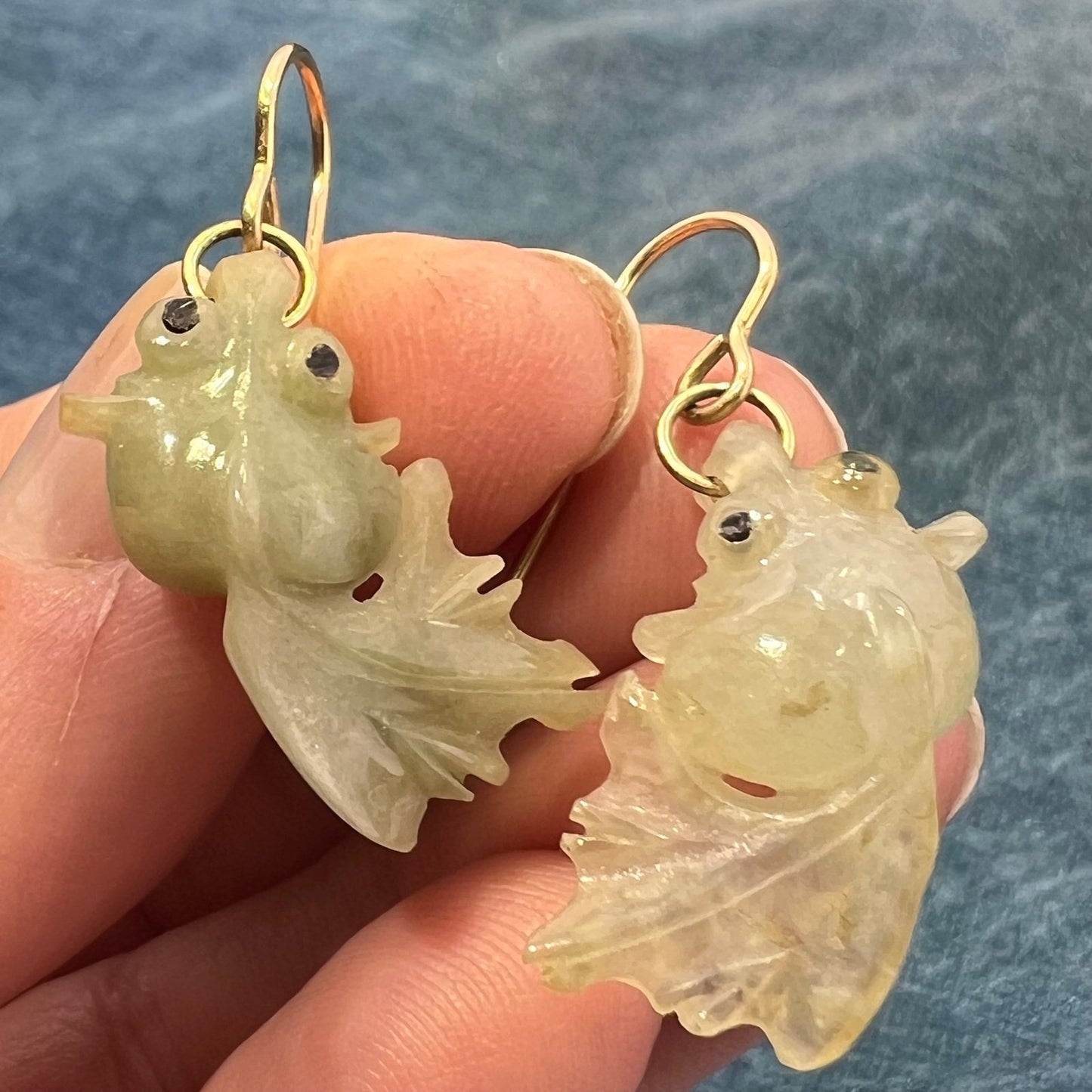 14k Yellow Gold Green Jade Carved KOI Fish Earrings
