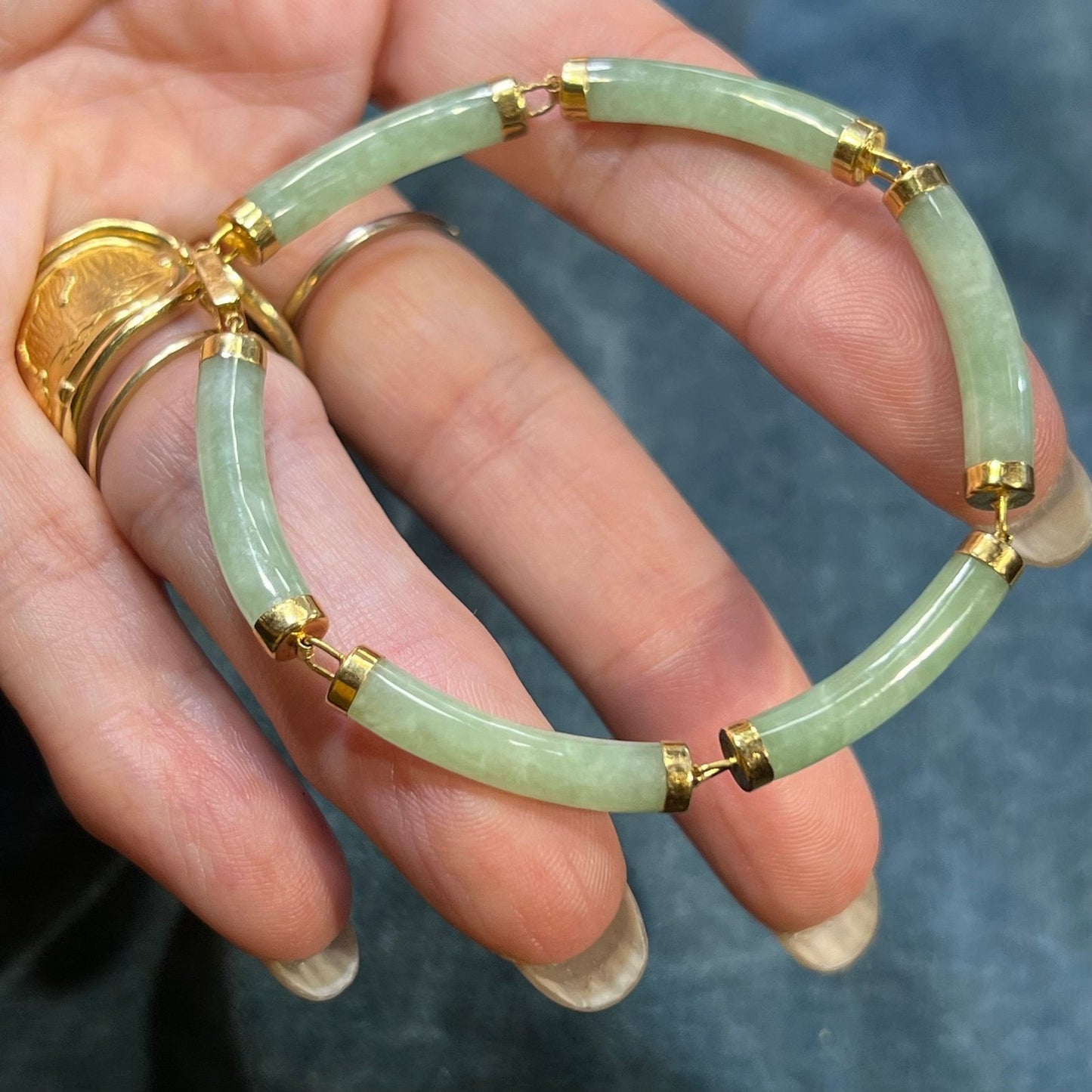 14k Yellow Gold Green Jade Panel Bracelet. Longevity