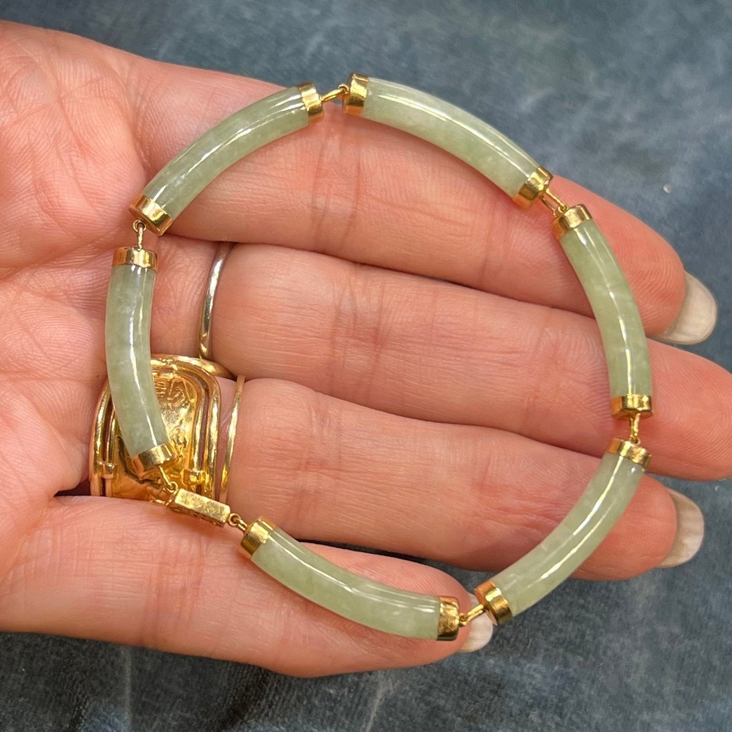 14k Yellow Gold Green Jade Panel Bracelet. Longevity