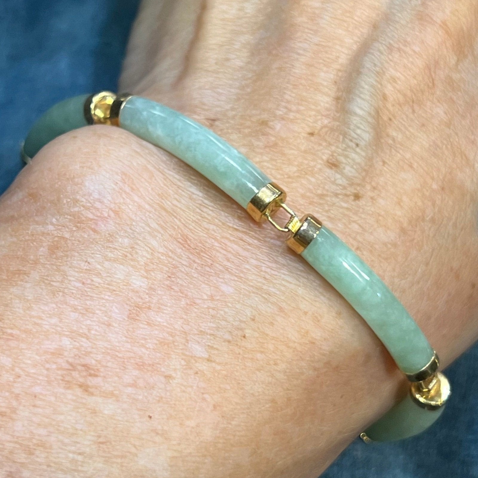 14k Yellow Gold Green Jade Panel Bracelet. Longevity