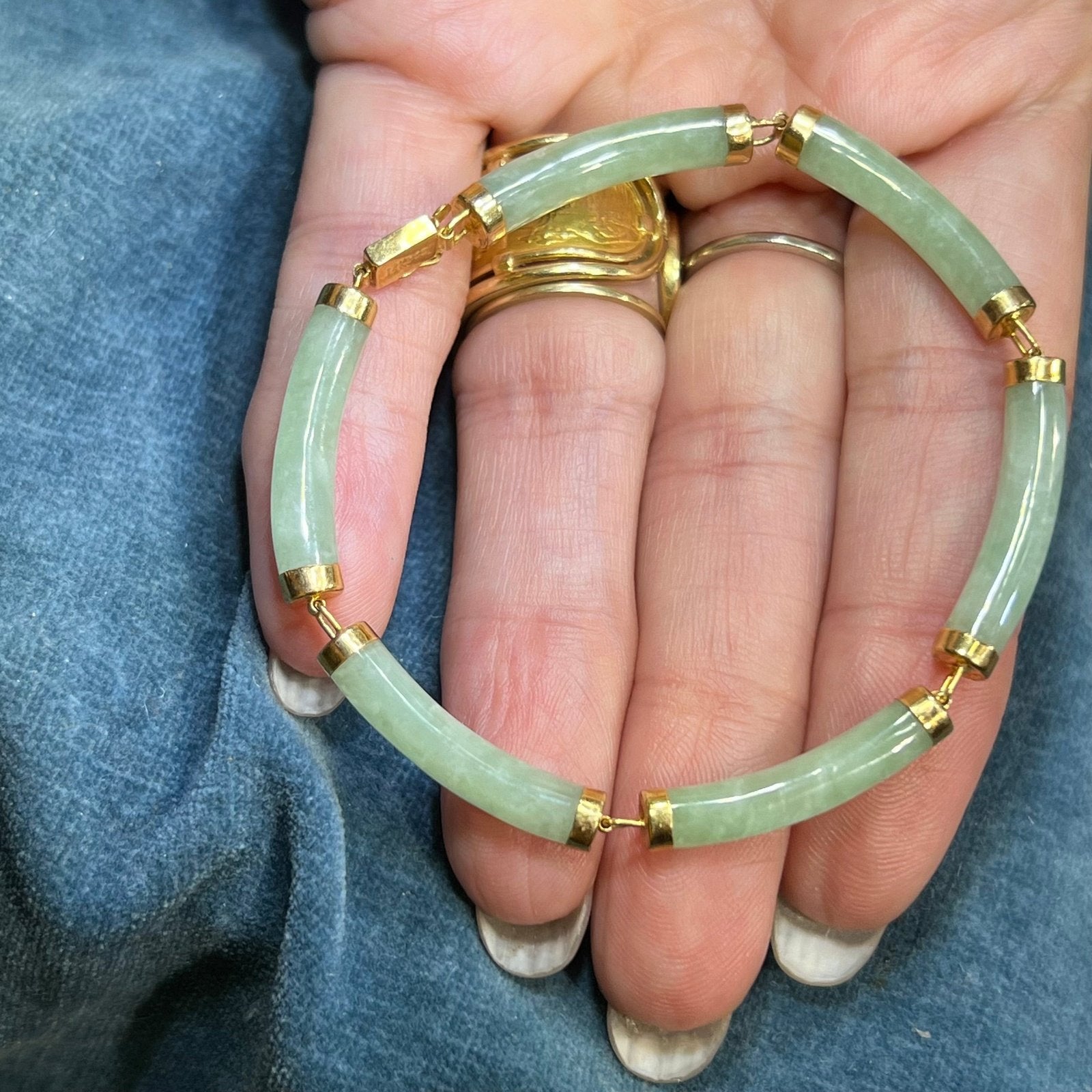 14k Yellow Gold Green Jade Panel Bracelet. Longevity